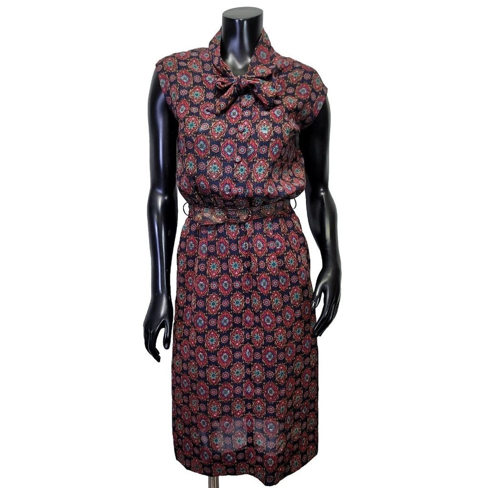 Vintage 50s Handmade Sheer Pussycat Bow Ornate Paisley Sleeveless Sheath Dress